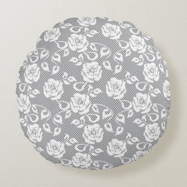 White lace pattern on grey background round cushion (Front)
