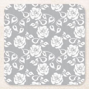 White lace pattern on grey background square paper coaster