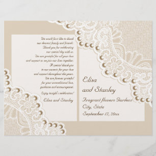 White lace & pearls beige folded wedding program
