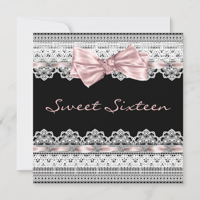 White Lace Pink Black Sweet Sixteen Birthday Party Invitation (Front)