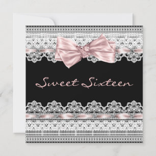 White Lace Pink Black Sweet Sixteen Birthday Party Invitation