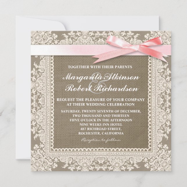 White lace pink bow & burlap wedding invitations (Front)