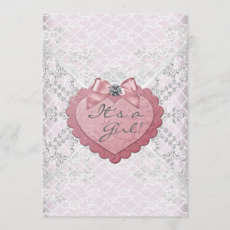 White Lace Pink Heart Pink White Baby Girl Shower Invitation