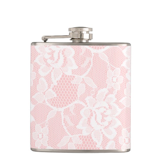 White Lace Pink Hip Flask (Front)