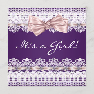 White Lace Pink Ribbon Girl Purple Baby Shower Invitation