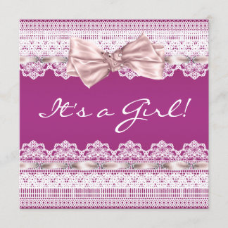 White Lace Pink Ribbon Hot Pink Baby Shower Invitation