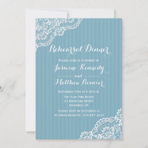 White Lace Rehearsal Dinner Blue Stripes Wedding Invitation