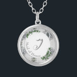White Lace & Rose Leaves Monogrammed Silver Plated Necklace<br><div class="desc">Design features monogram in elegant silver text displayed in centre against a white backing. Background features the image of white lace. Green rose leaves are delicately positioned at the edges.</div>