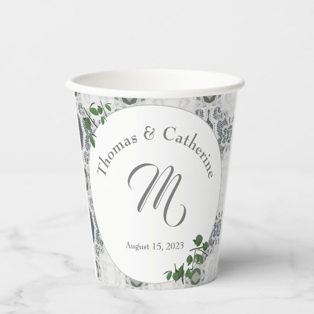 White Lace & Rose Leaves  Paper Cups (Front)