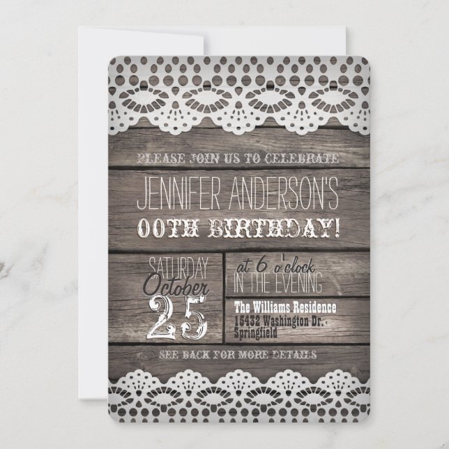 White Lace, Rustic Brown Wood Adult Teen Birthday Invitation (Front)
