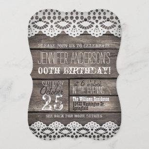 White Lace & Rustic Brown Wood Adult Teen Birthday Invitation