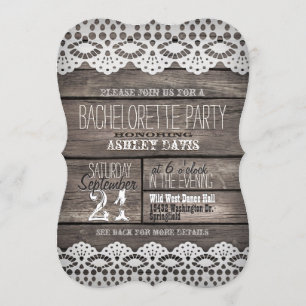 White Lace; Rustic Brown Wood Bachelorette Party Invitation