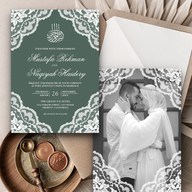 White Lace Sage Green Muslim Wedding Photo Invitation (Creator Uploaded)