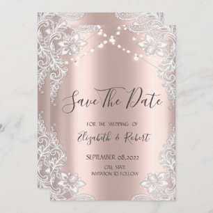 White Lace,String Lights Rose Gold Save The Date