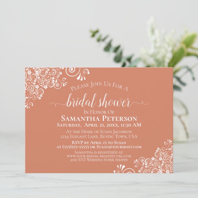White Lace Terracotta Coral Elegant Bridal Shower Invitation (Standing Front)