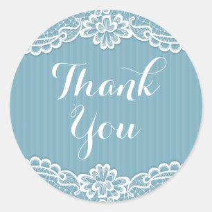 White Lace Thank You Blue Stripes Thanks - Wedding Classic Round Sticker