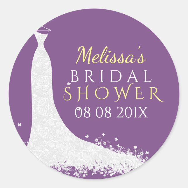 White Lace Wedding Dress On Purple Classic Round Sticker (Front)