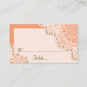 White lace with pearls coral wedding place card