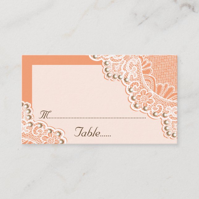 White lace with pearls coral wedding place card (Front)