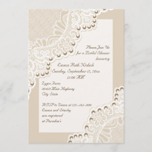 White lace with pearls wedding bridal shower invitation