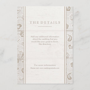 White lace wood rustic country wedding detail card