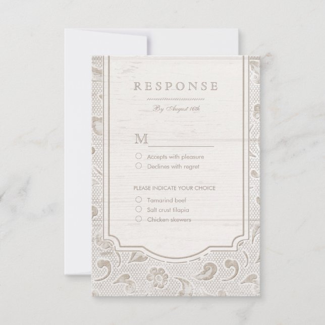 White lace wood rustic country wedding RSVP Card (Front)