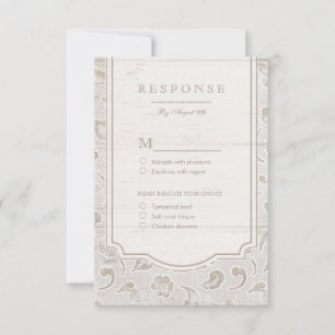 White lace wood rustic country wedding RSVP Card