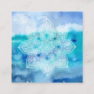 *~* White Lacey Mandala Sea Beach Ocean Watercolor Square Business Card