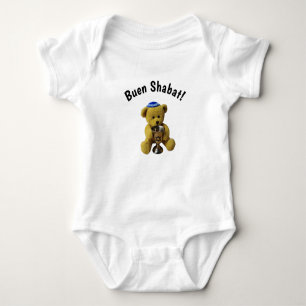 White Ladino Shabbat Teddy Bear Baby Bodysuit