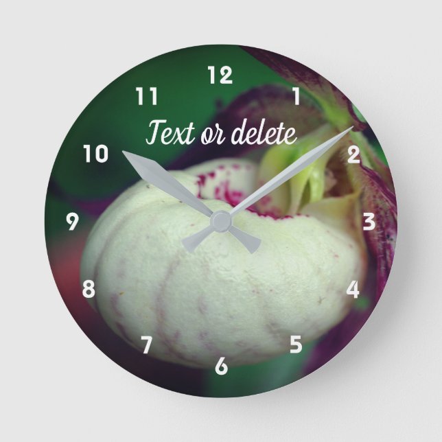 White Lady Slipper Orchid Flower Personalised Round Clock (Front)