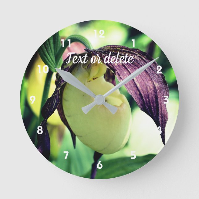 White Lady Slipper Orchid Flower Personalised Round Clock (Front)
