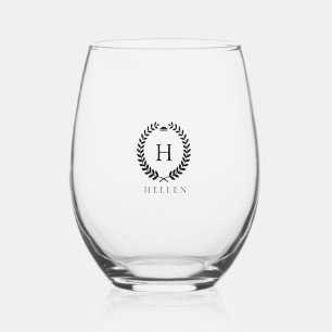White Laurel Wreath Custom Name Stemless Wine Glass