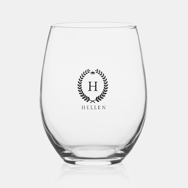 White Laurel Wreath Custom Name Stemless Wine Glass (Front)