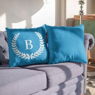 White Laurel Wreath Modern Monogram Cushion