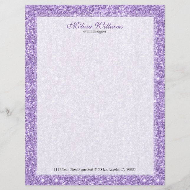 White  & Lavender Purple Glitter Texture Letterhead (Front)