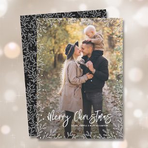 White Leaf Border Christmas Photo Black Holiday Card
