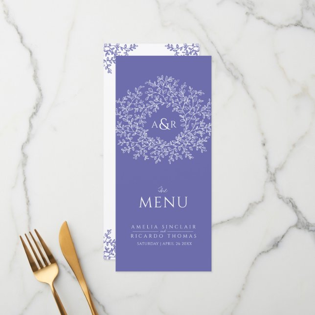 white leaf drawing monogram wedding menu (Front/Back In Situ)