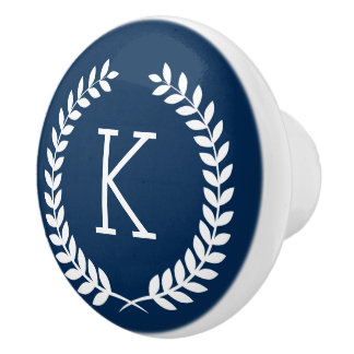 White Leafs Wreath Illustration On Navy-Blue Ceramic Knob