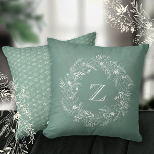 White leafy botanical circle letter Z Cushion