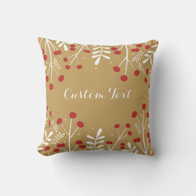 White Leaves & Berries Gold Holiday Christmas Cushion (Front)