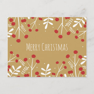 White Leaves & Berries Gold Holiday Christmas Postcard