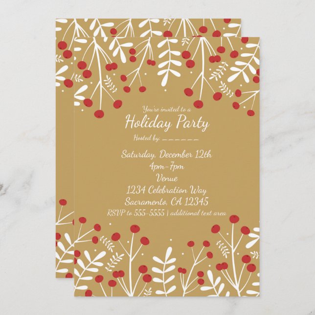 White Leaves & Berries Gold Holiday Invitations (Front/Back)