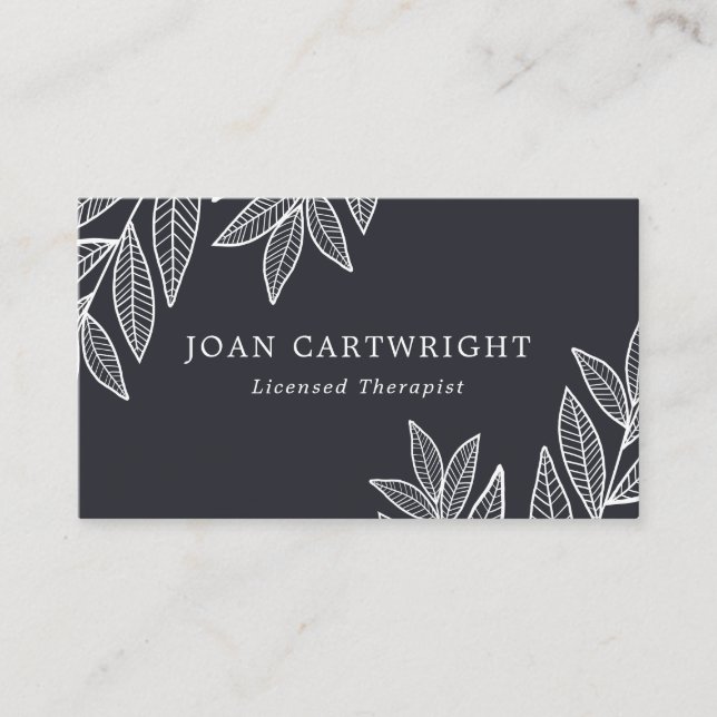 White Leaves & Charcoal Therapist Business Card (Front)