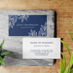 White Leaves - Dark Blue - Therapist Business Card