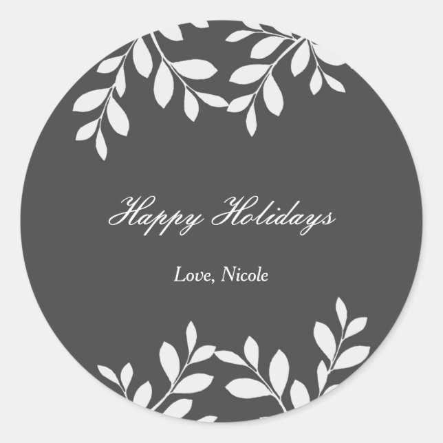 White Leaves & Grey Modern Botanical Sticker (Front)