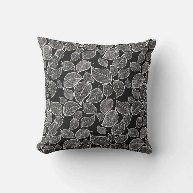 White Leaves on Black Throw Pillow (Front)