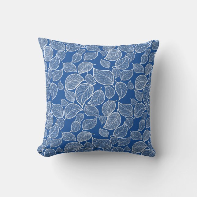 White Leaves on bright Blue Throw Pillow (Front)