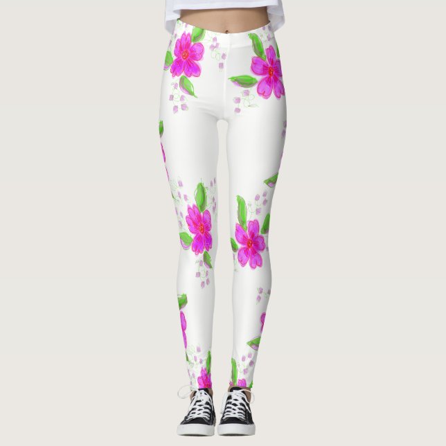 White Leggings With Pink Flower Print (Front)
