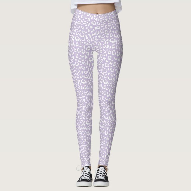 White Leopard Patterned Pastel Purple Leggings (Front)