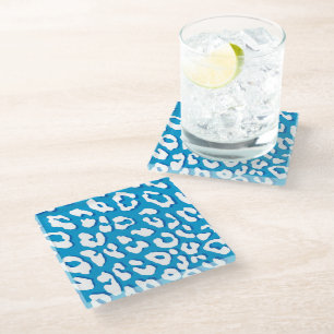 White Leopard Print Blue Glass Coaster
